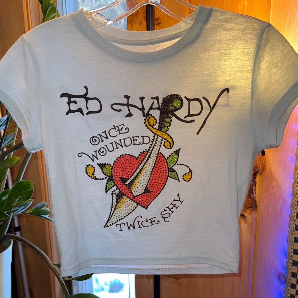 Ed Hardy Light Blue Cropped Tee with Heart & Dagger Graphic